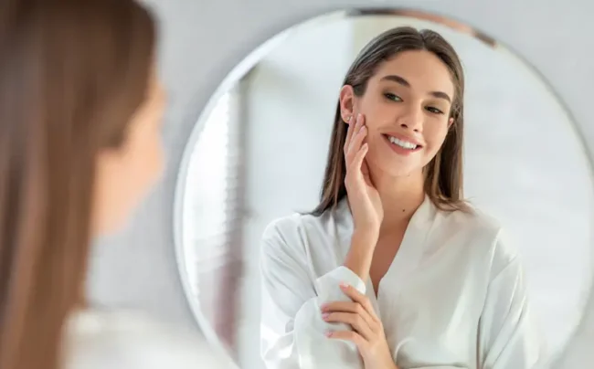 Frau mit frischer, glatter Haut bewundert sich im Spiegel nach Skinbooster-Behandlung in Frankfurt
